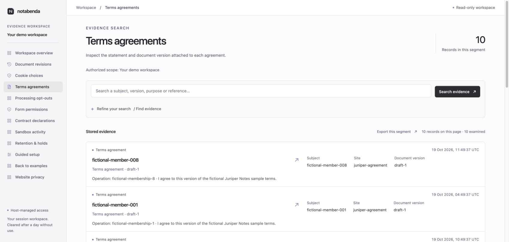 Notabenda evidence workspace with search, document versions and recorded terms agreements.